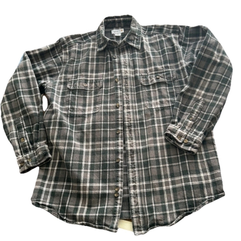 Men's Heavy Weigbt Gray Tan Plaid Flannel Carhartt Shirt Sz LARGE